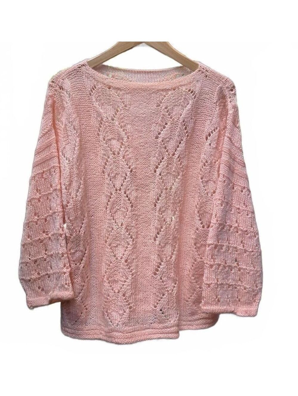 Vintage 80s Handmade Pink Open Knit Boatneck Sweater Med Lightweight Wool Blend